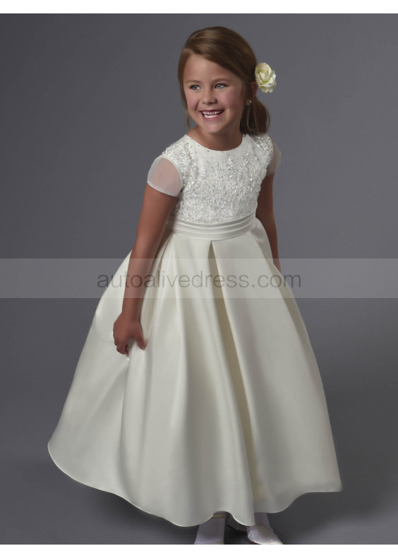 Cap Sleeves Beaded Satin Tea Length Wedding Flower Girl Dress 